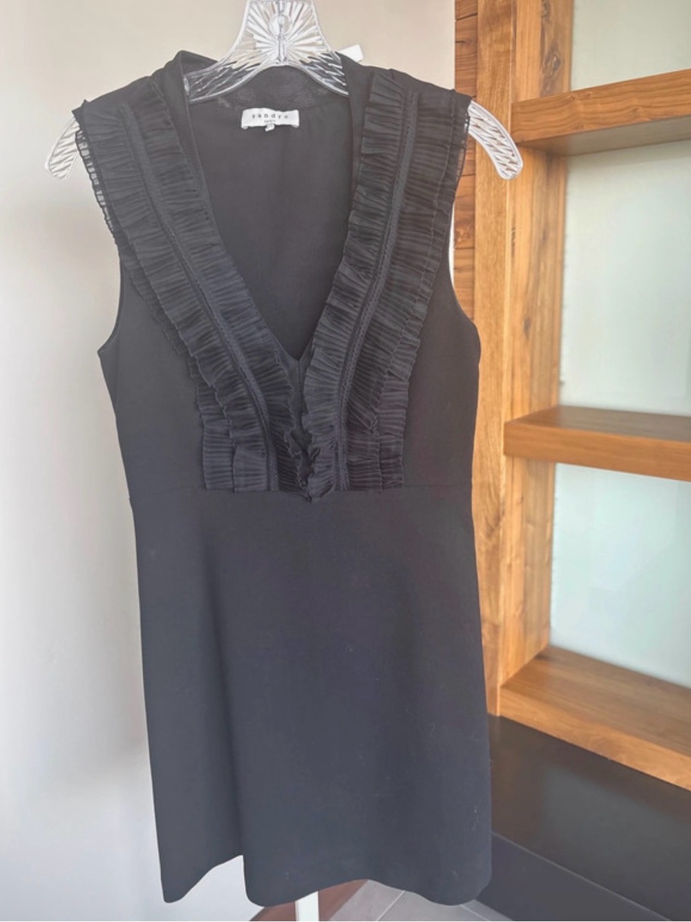 Sandro Black Sleeveless V-Neck Ruffle-Trim Mini Dress